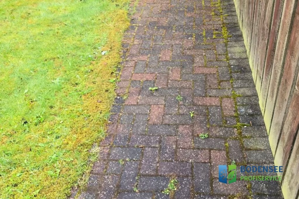 Verschmutzter Gehweg vor der Reinigung