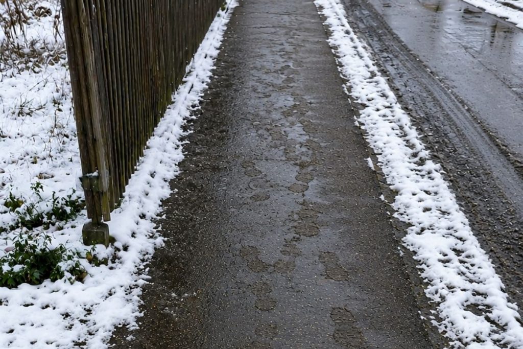 Geräumter Gehweg nach dem Winterdienst am Bodensee
